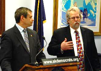 Minority Leader Chris Tuck (D-Anchorage) and Representative Guttenberg speak to the press about the ramifications of the Senate?s cuts to education