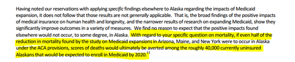 Text from a non-partisan legislative research report detailing ?scores? of saved lives if we expanded Medicaid