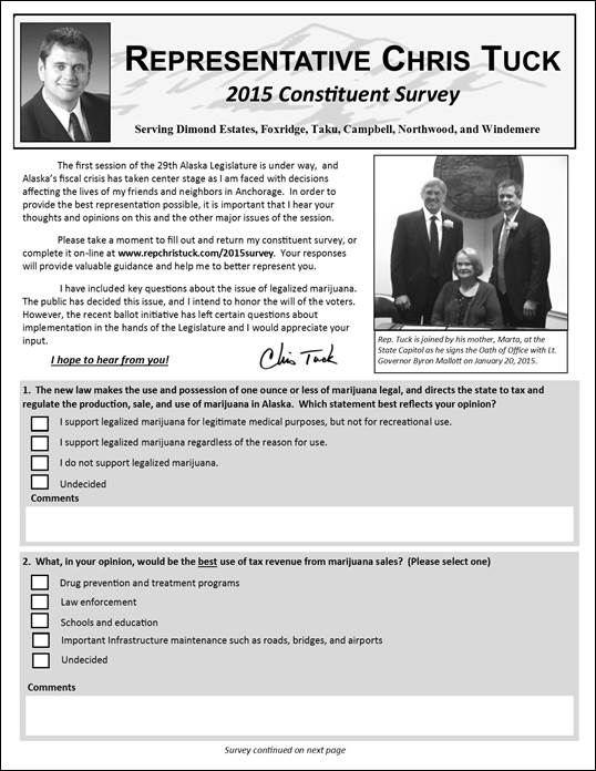 Rep. Chris Tuck's latest legislative survey (front page reproduced above) can be answered by mail or on-line at the link below.