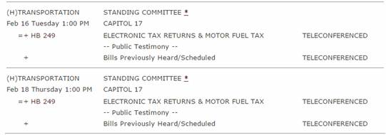 On Tuesday and Thursday at 1pm, the House Transportation Committee is hosting public testimony on the Governor’s Motor Fuel tax bill. 
