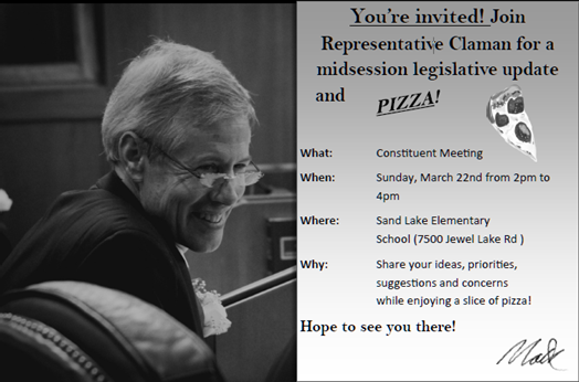 Join us this Sunday, March 22nd from 2pm to 4pm at Sand Lake Elementary for a Constituent Pizza Party!