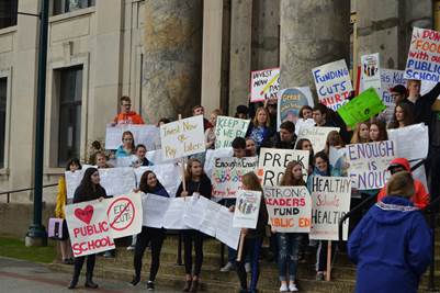 Members of Great Alaska Schools have flooded the hallways and the steps of the Capitol for the last week. Above are youth rallying in support of public education funding.