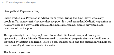 Just one of countless emails that we have received explaining why the State needs to reform and expand Medicaid. 