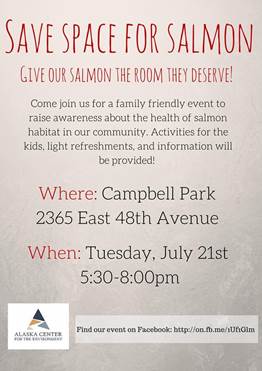Learn about salmon habitat in the Anchorage community today from 5:30 to 8:00pm at Campbell Park – a fun and family friendly activity! 