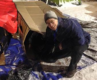 Rep. Claman getting ready for bed at the Covenant House’s “Sleep Out” event to raise money and awareness for homeless youth.