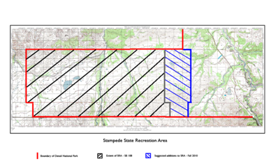 The proposed Stampede Recreation Area map, including the 8-mile Lake addition.