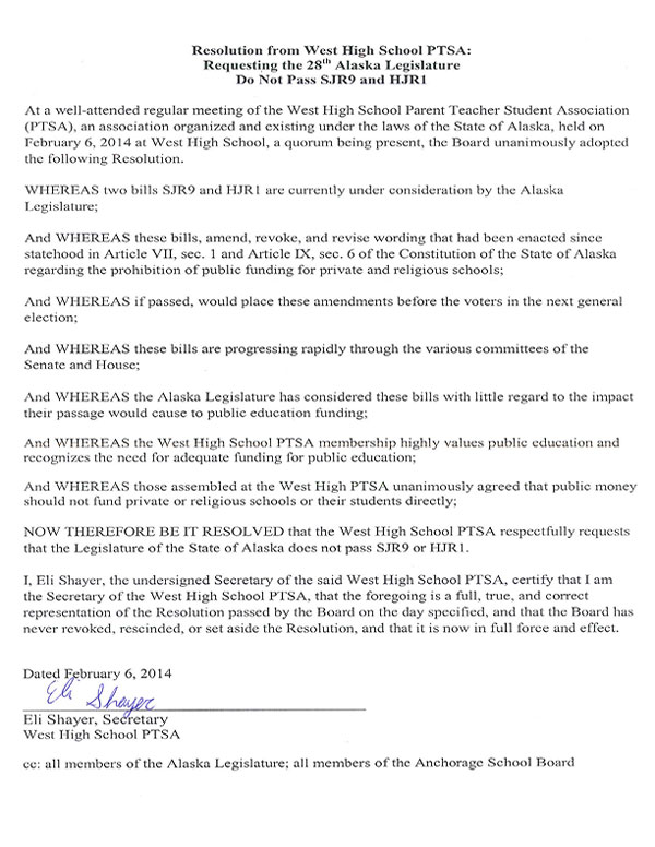 Resolution from West High School PTSA
