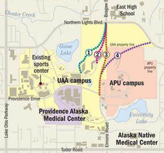 The routes being studied for the Bragaw Bypass Extension