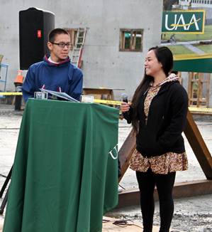 UAA Engineering students, Forest Rose Walker of Buckland and Michael Ulroan of Chevak speaking at the new engineering building groundbreaking