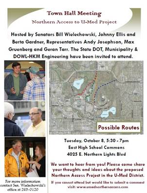 House and Senate legislators are hosting an Open House Oct 8th from 5:30-7pm at the East High Commons area regarding the Northern Access Road project