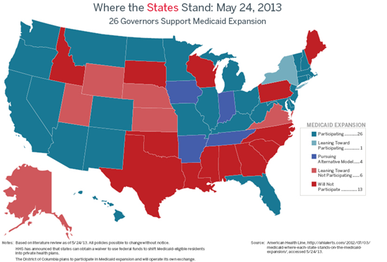 This map shows the variation in states participating or not participating in Medicaid expansion