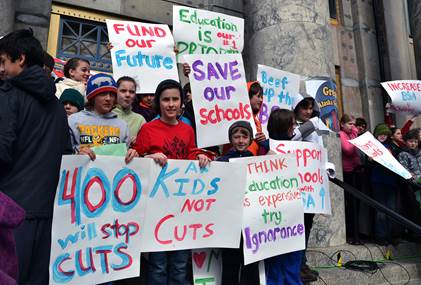 Children at a rally to increase the Base Student Allocation (BSA) on the Capitol steps