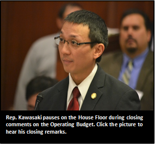 Rep. Kawasaki pauses on the House Floor during closing comments on the Operating Budget.