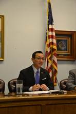 Rep. Kawasaki speaking at a Democratic Caucus Press Conference