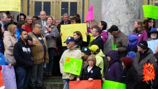 April , 2015: Annika Ord shares her own health care story during the Juneau rally to expand Medicaid. First Lady and Governor Walker, Lt. Governor Mallott, and many others showed their support.