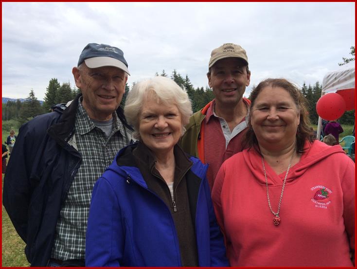 Dave & Judy Wackerbarth (relatives of the original settlers to the area) and Dave & JoAnne Lesh (owners of Gustavus Inn) during Sam’s visit to Gustavus for the Centennial celebration.