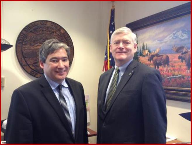 Sam stands with Lt. Governor Mead Treadwell. The Lieutenant Governor is in charge of the Division of Elections including organizing the public hearings on the initiatives.