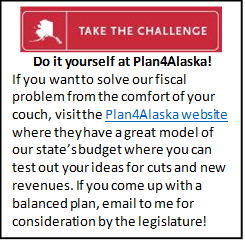Description: Do it yourself at Plan4Alaska! If you want to solve our fiscal problem from the comfort of your couch, visit the Plan4Alaska website where they have a great model of our state’s budget where you can test out your ideas for cuts and new revenues. If you come up with a balanced plan, email to me for consideration by the legislature!