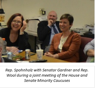 Rep. Spohnholz with Senator Gardner and Rep. Wool during a joint meeting of the House and Senate Minority Caucuses