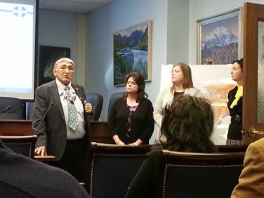 Rep. Ben Nageak, Jill Ramsey, from the Trust Training Cooperative, Rep. Tarr, and Rep. Shelley Hughes introducing the Lunch & Learn.
