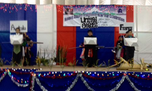 Hmong youth performed a play to re-enact events following their assistance to the US during the Vietnam War. In this scene Ing refugees are being relocated to the US, Australia, and France.