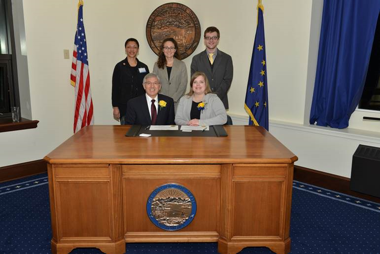 Shout out to constituent Chaquita Cothron!  It was a great surprise to have a constituent in town for the first day of session.  She was kind enough to share this moment with us: Signing my Oath of Office with Lt. Governor Mallott. Also pictured: Staffers Ray Friedlander and Scott Fritz