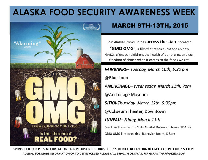 The Alaska Food Security Week was a success across the state! We had over 250 people come out, join us for the film screening of 'GMO OMG,' and facilitate discussions on how genetically modified foods impact our state. Definitely some food for thought!