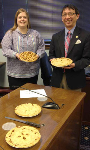 Rep. Scott Kawasaki (D-Fairbanks) and I offer GMO-free apple pie courtesy of Rainbow Foods in Juneau. The pie was dished out during a presentation we did on genetically engineered foods.