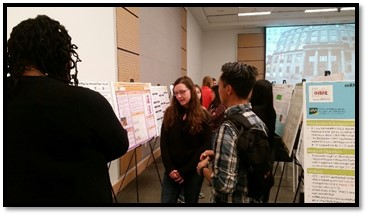 Students and professors discuss academic research during the symposium.