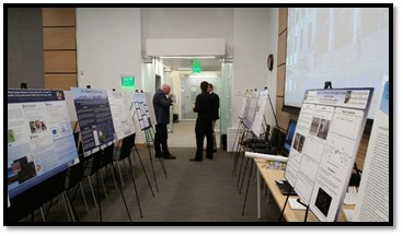 Students and professors discuss academic research during the symposium.