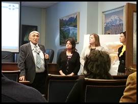 Rep. Ben Nageak speaking at the Mental Health First Aid Lunch & Learn, with Jill Ramsey, Training Coordinator at the UAA Center for Human Development, Rep. Tarr, and Rep. Hughes.