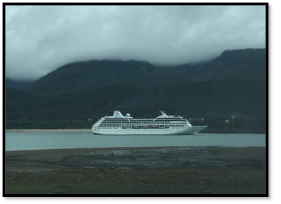 Cruise ship arriving in Juneau. Some days there are up to six ships. One day we figured with crew and passengers there were 19,000 visitors to Juneau!