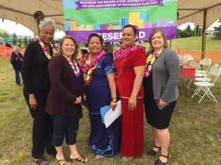 Assemblywoman Elvi Gray Jackson, Elizabeth Schultz from Governor Walkers office, Polynesian Association of Alaska president Lucy Hansen, PAOA Chairwoman Mary Tialavea and Rep. Geran Tarr at the 10th annual Polynesian Flag Day celebration.