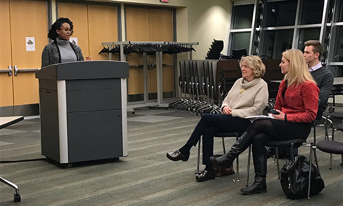 Student Sage Stroud presents to legislators about criminal justice reform.