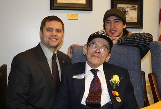 Rep. Tuck meeting with Alaska Territorial Guard member Sigurd Edwards and his grandson Shane Brown
