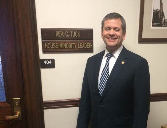 Rep. Chris Tuck standing outside his office at the State Capitol in Juneau.