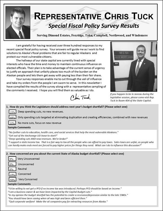 Please watch your mailbox for Rep. Tucks Special Fiscal Policy Survey Results (front page reproduced above).