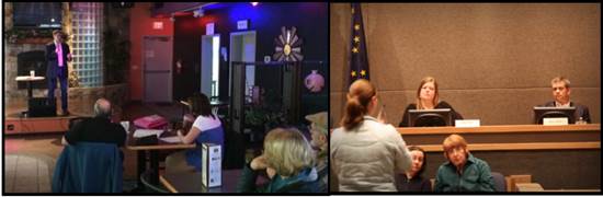 From left to right: Rep. Chris Tuck gives a legislative update at his constituent meeting last Saturday.Later, attending the Anchorage Caucus meeting at the Loussac Library.