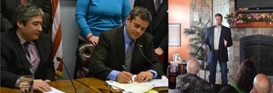 Rep. Tuck signs a document accepting the Governor?s appointment of Sam Kito III to replace Rep. Beth Kerttula who recently resigned her house seat in Juneau. Later, giving a legislative update at his constituent meeting at the Elim Caf on March 1.