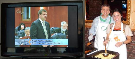 From left to right: the Alaska Legislature can be watched on Gavel to Gavel at 360 North or on-line at Alaska Legislature TV. Representative Tuck and Senator McGuire serve food to raise money at ?Thanksgiving in March? for the Glory Hole soup kitchen in Juneau.