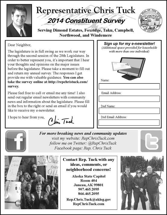 Rep. Tuck?s latest survey (front page reproduced above) can be answered by mail or on-line.