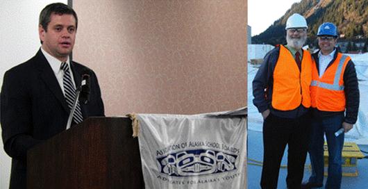From left to right: Rep. Tuck addresses the Association of Alaska School Boards, Reps. Tuck and Seaton inspect construction on the State Library Archives Museum project in Juneau.