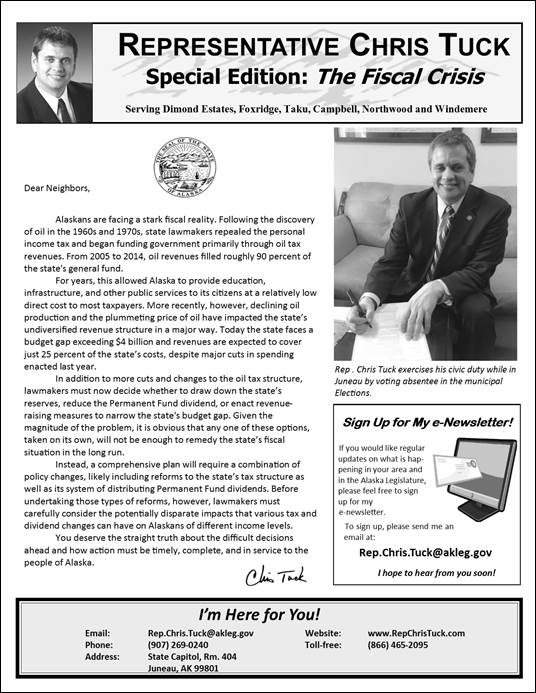 Rep. Chris Tuck?s latest printed newsletter (front page reproduced above) can also be read online at the link provided below.
