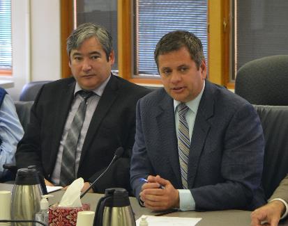 Alaska Independent Democratic Coalition Whip Sam Kito and Leader Chris Tuck lead a press conference on the budget compromise on Wednesday.