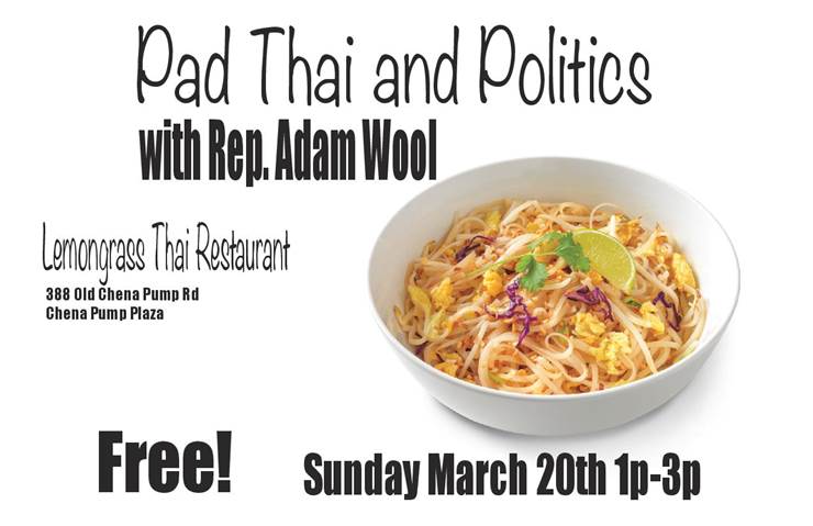 On Sunday (March 20), I will be holding my second annual Pad Thai and Politics lunch from 1 to 3 PM at Lemongrass Thai Cuisine (388 Old Chena Pump Rd) in Chena Pump Plaza