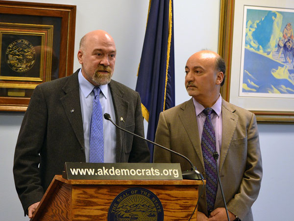 Rep. Wool and Rep. Les Gara at an April press conference. 
