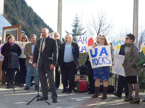 Rep. Wool speaking about the need to support the University of Alaska at a rally set up by UAS students outside the Capitol in March.