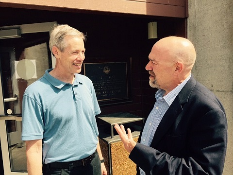 Rep. Matt Claman and I talk outside the Bill Ray Center in Juneau. 