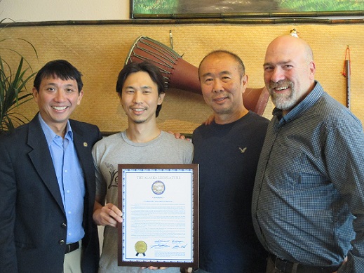 Adam and Rep. Scott Kawasaki presenting an honorary citation they co-sponsored to the owners of Lemongrass Thai Cuisine, recognizing the many delicious Thai restaurants in Fairbanks. 