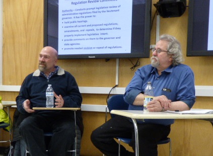 Rep. Wool & Rep. Guttenberg speaking to a UAF political science class about the regulatory process. 